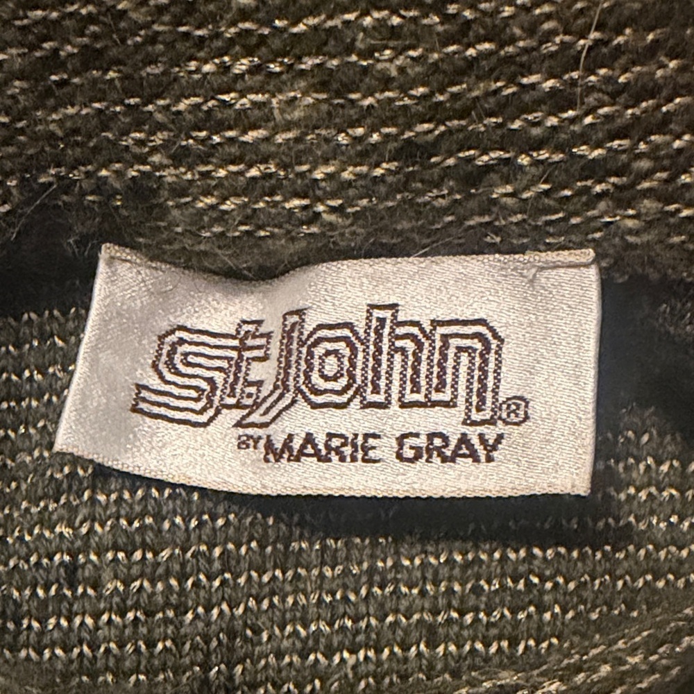 Vintage 80s ST JOHN Marie Gray Mock Neck Green Wool Blend Knit Blouse 10
